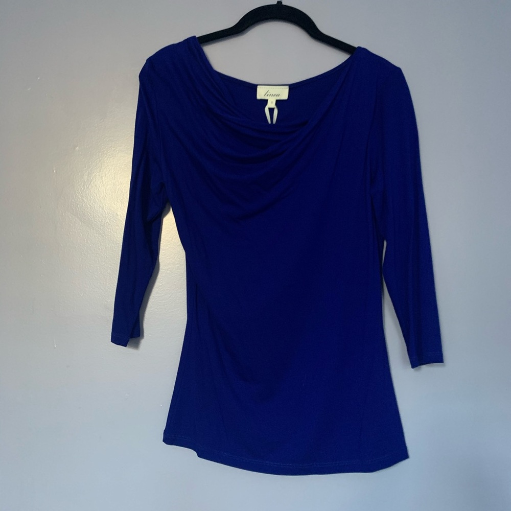 linea Royal Blue Draped 3/4 Sleeve Stretch Top Sma